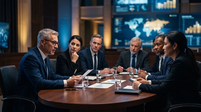 An emergency diplomatic meeting in a grand European government hall; ministers and ambassadors gathered around an oval table, with digital maps and strategic documents blurred in the background.