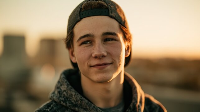 Casual youth portrait with a backwards cap in an urban outdoor scene