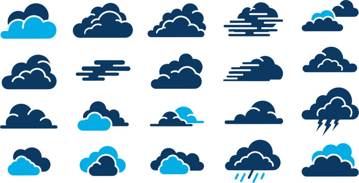 Various weather icons with clouds and rain displayed in blue on a white background