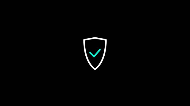 Shield icon with a glowing turquoise checkmark animation symbolizing digital security, data protection, and verified identity in motion video clip.