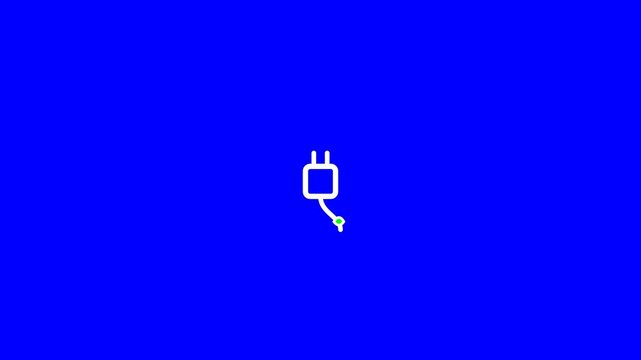 Electric plug icon animation featuring a minimalist white graphic design moving against a vibrant blue screen in high definition video