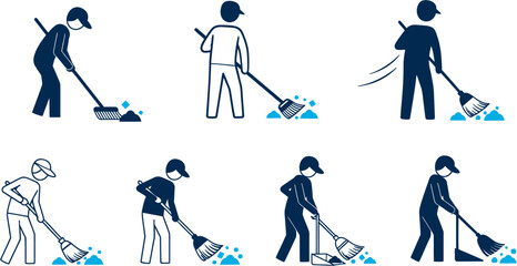 People are cleaning streets with brooms and shovels in various poses outdoors. © Gardevoir 