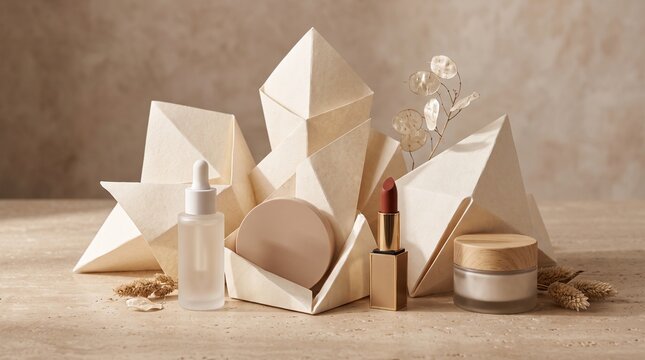beauty products on beige background lipstick and cream