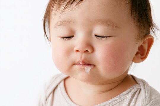 Adorable infant with drool isolated against a pure white background