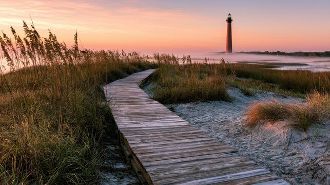 Morning Light over a Lighthouse on St. Simons Island, Georgia &acirc;&euro;&ldquo; Seaside Dunes and Ocean