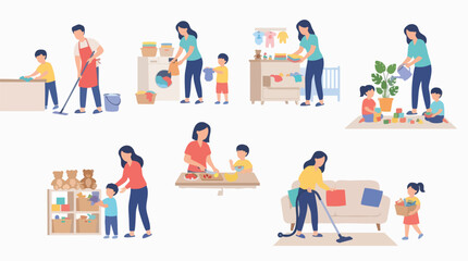 Fototapeta premium Set of parents and children doing household chores and daily activities together