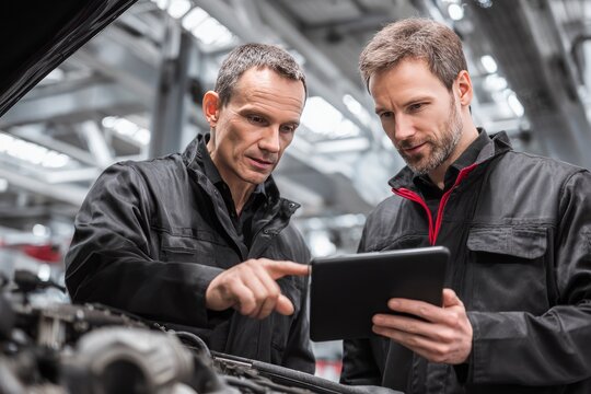 Two professional auto mechanics inspecting car engine and checking checklist on digital tablet in garage, Car mechanics team in red uniform examining vehicle motor and diagnostics data, auto repair co