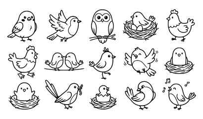 Cute Baby Bird and Nest Collection Featuring Chicks Owls Sparrows and Hand Drawn Outline Illustrations © Songkari