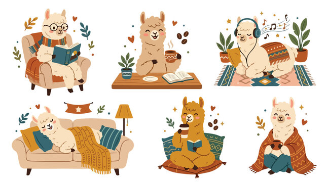 Charming alpaca illustration set depicting various cozy and relaxing activities like reading, drinking coffee, listening to music, and napping in a warm home environment