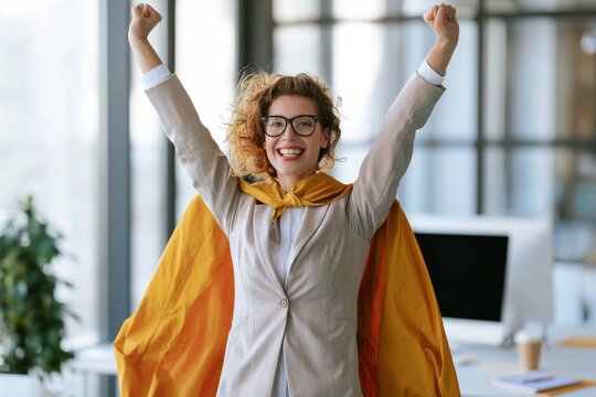 Empleado motivado con capa celebra triunfo en la oficina