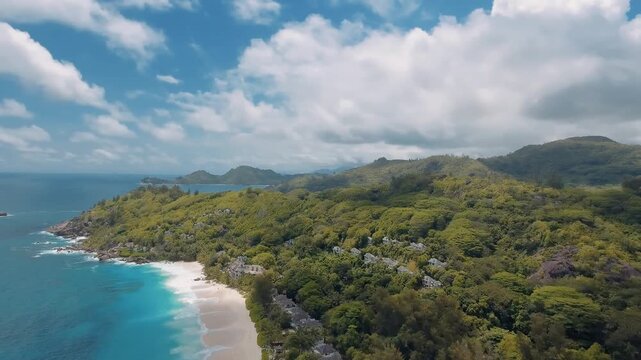 Vacation travel holidays and recreation on beach concept. Tropical beach with sea and palm taken from drone. Praslin island, Seychelles