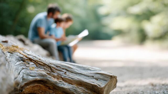 Father and sons relaxing during camping trip, sitting on wooden log and studying map together, deeply connected with surrounding forest environment and peaceful wilderness scenery
