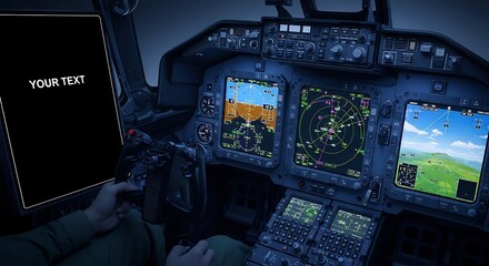 Fototapeta premium Modern aircraft cockpit at night with illuminated avionics and tablet display.