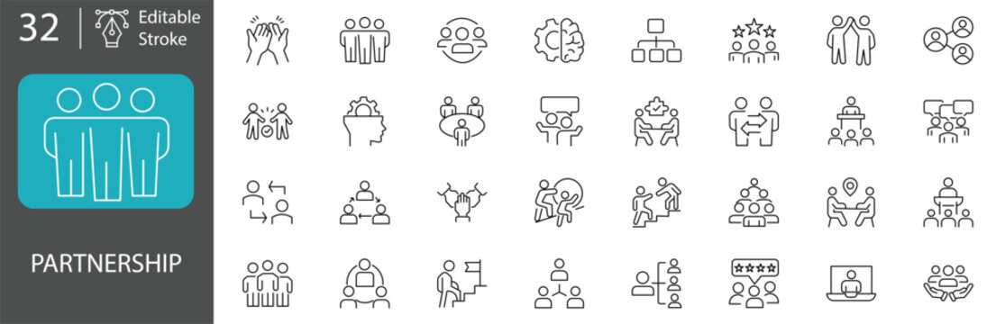 Set of 32 partnership and teamwork line icons  contains icons such as collaboration, team building, business meeting, leadership, communication, and more editable stroke, vector illustration