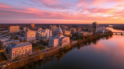 Fototapeta premium Aerial panorama of Trenton skyline at sunset with state capitol dome