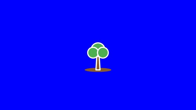 Stylized green tree icon with brown trunk isolated on vibrant blue background for minimalist digital motion animation video clip project