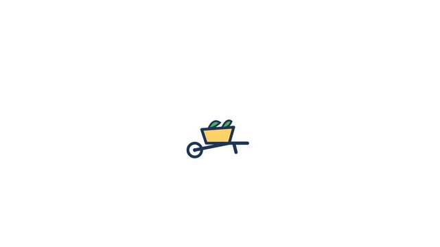 Yellow garden wheelbarrow icon featuring green leaves inside for agricultural farming concepts in this smooth digital motion animation video clip