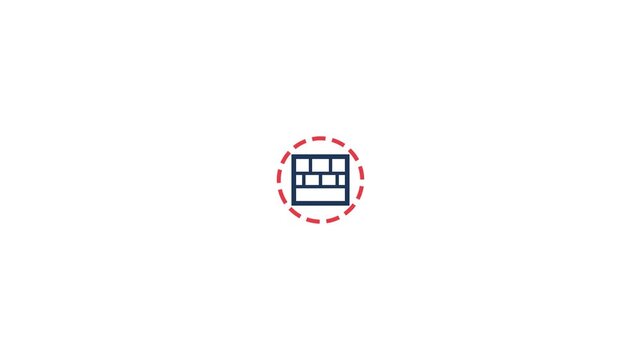 Minimalist digital wall icon design featuring a blue brick structure inside a red dashed circle for motion video footage