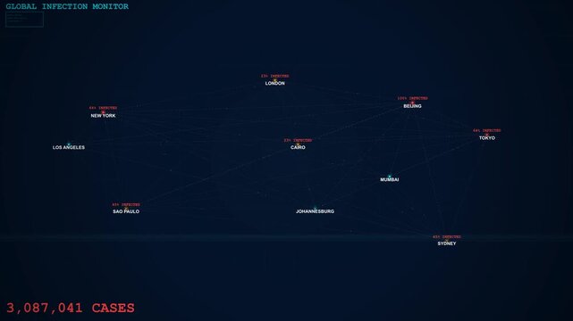 Global infection monitor tracking virus cases on a world map hud