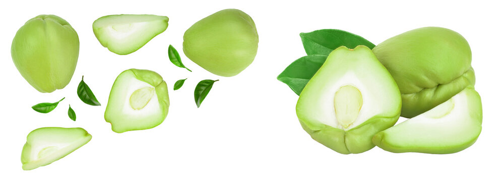 fresh Chayote vegetable isolated on white background with copy space for your text. Top view. Flat lay
