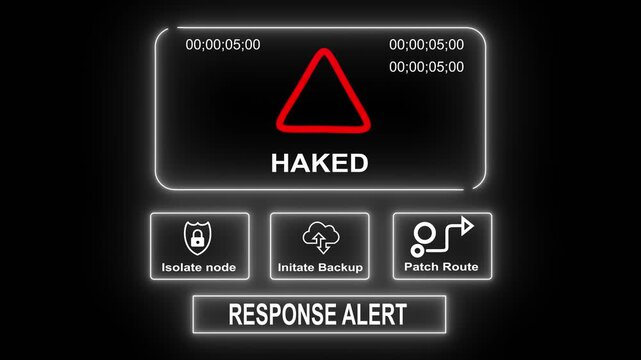  response notification on digital interface in data center server room with isolate node initiate backup patch route options. glowing neon lights cybersecurity hacking Warning