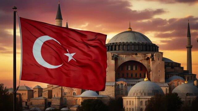 Turkish flag waving over the Hagia Sophia at sunset. National independence day symbol in Istanbul. Historic architecture and monument landmark during golden hour.