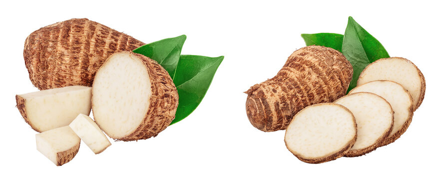 fresh taro root with slices and leaf isolated on white background