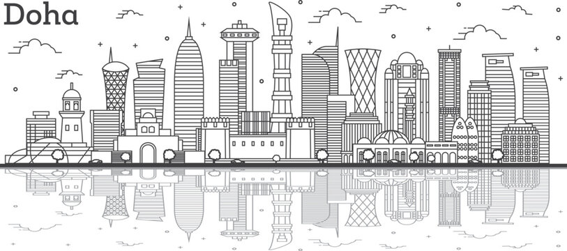 Black and white outline of doha, qatar city skyline with modern skyscrapers and landmarks doha skyline