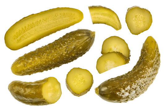 Marinated pickled cucumber isolated on white background with  full depth of field. Top view . Flat lay