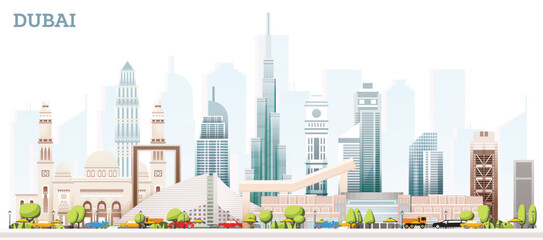 Dubai, uae city skyline with modern skyscrapers, palm trees, and colorful buildings in a dubai skyline © CreativeNest