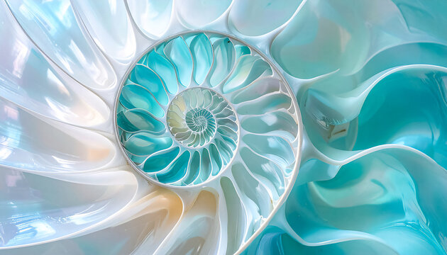Close-up, cross-section of a nautilus shell, spiral pattern, Fibonacci spiral, logarithmic spiral