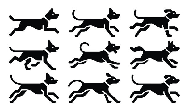 Dog running cycle animation sprite sheet black flat icon set