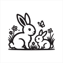 Fototapeta premium A cute black and white line art illustration of a mother rabbit with her baby in a flower field Vector