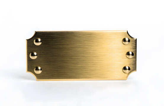 Blank rectangular brass plate with polished gold finish. Luxury metal signage and blank branding plaques. Empty metallic nameplate with six rivets isolated on a white background