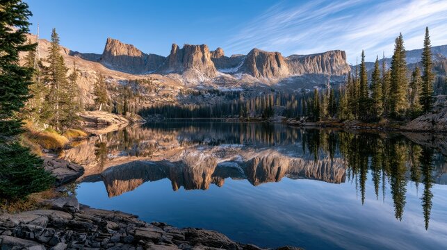 Golden Hour Landscape of the Uinta Mountains: Snow-Capped Peaks Reflected in a Tranquil Alpine Lake