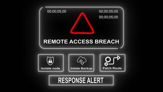  response notification on digital interface in data center server room with isolate node initiate backup patch route options. glowing neon lights cybersecurity hacking Warning
