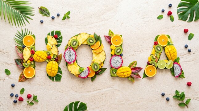 Tropical fruit arrangement spelling the word hola
