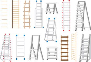 Isometric of ladders in wood, metal, and rope, various styles and colors © CreativeNest