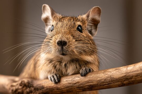 Close-up portrait of a degu perched on a wooden branch in warm indoor light