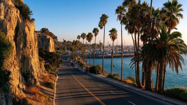 Coastal road descending toward Dana Point Harbor at golden hour