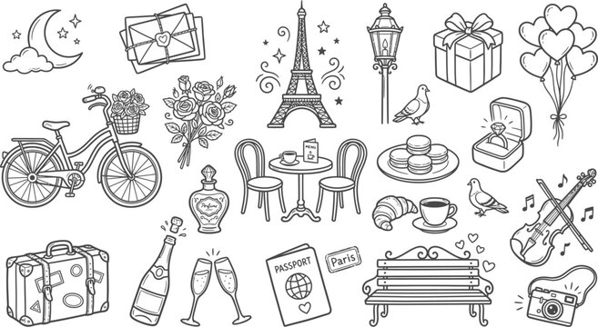 Parisian travel icons, romantic city doodles, black line illustrations, 25 vector graphics