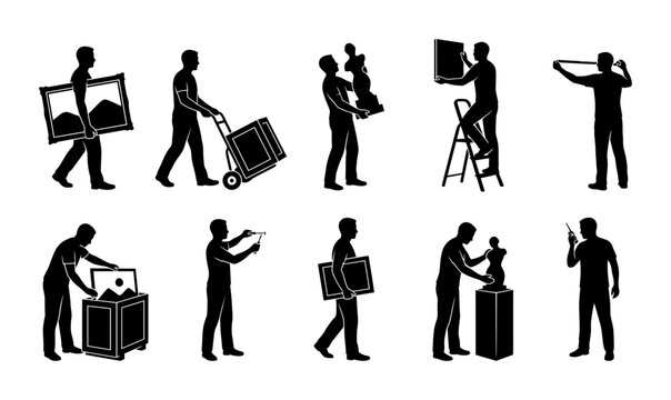 Museum Art Handler Silhouette Collection Set Featuring Professional Art Installation And Gallery Staff Worker Poses