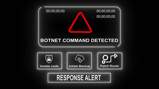  response notification on digital interface in data center server room with isolate node initiate backup patch route options. glowing neon lights cybersecurity hacking Warning