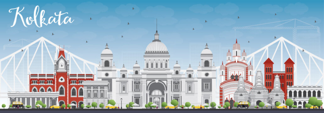Kolkata skyline featuring victoria memorial, howrah bridge, and colonial buildings with red domes against a blue sky