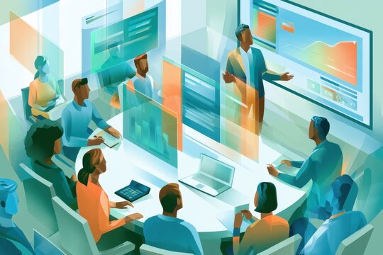 Digital illustration of an actuary delivering a data-driven risk briefing to a diverse audience in a modern office