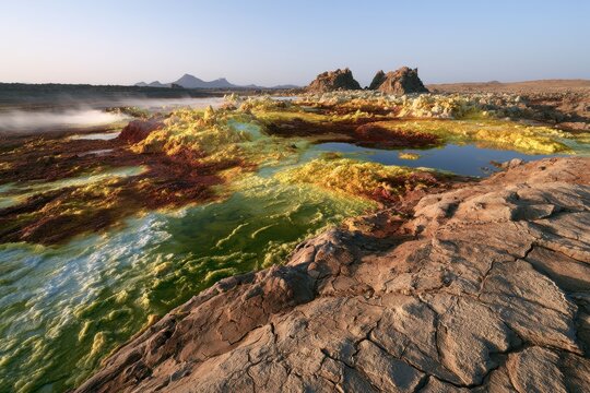 Desert panorama of mineral-rich dunes and salt flats around Dallol volcanic fields, Ethiopia