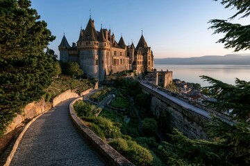 Obraz premium Medieval castle rising above a lakeside Swiss town with distant mountains