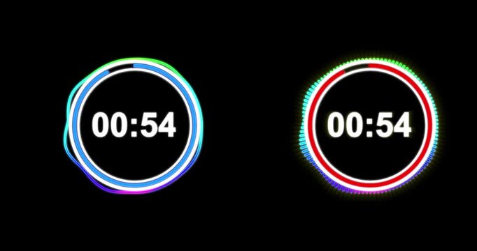 One Minute Countdown Timer. Modern Neon Circle Countdown Stopwatch. 60 Second Digital Timer From 60 To 0. Seamless 4K Animation For Sports, Esports, Broadcast, Streaming, And Motion Graphics.