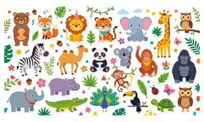 Naklejka premium Cute Jungle Animals Cartoon Collection for Kids Flat Vector Illustration Isolated on White Background