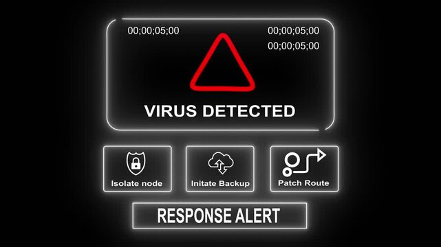 Virus Detected response notification on digital interface in data center server room with isolate node initiate backup patch route options. glowing neon lights cybersecurity hacking Warning